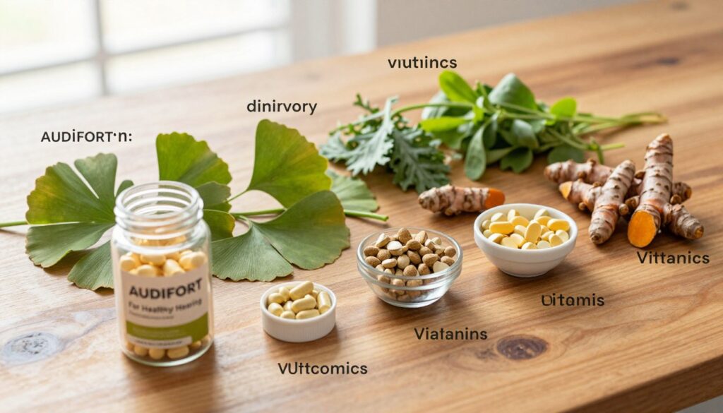 A beautifully arranged flat lay featuring the ingredients of AUDIFORT, each ingredient labeled clearly. Focus on natural elements such as herbs, vitamins, and minerals, displayed on a polished wooden table. Include bright, organic colors—greens, yellows, and earth tones—to evoke a sense of health and vitality. In the foreground, a clear glass jar containing AUDIFORT supplements, suggesting transparency and quality. The middle ground showcases vibrant, fresh herbs like ginkgo biloba and turmeric, alongside small bowls of vitamins and minerals. In the background, soft natural light filters in, creating a warm and inviting atmosphere. Emphasize the essence of healthy hearing connected to these ingredients, and subtly incorporate the brand name &amp;quot;AUDIFORT: For Healthy Hearing&amp;quot; in an elegant font, without any text overlays or logos visible.