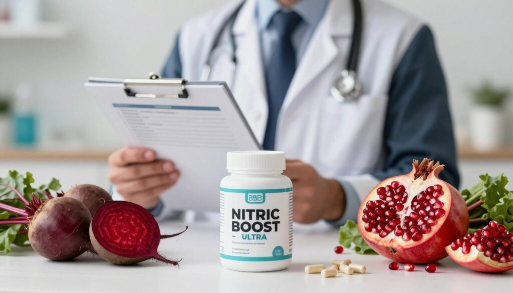 A beautifully arranged flat lay showcasing the ingredients of &amp;amp;quot;NITRIC BOOST - ULTRA&amp;amp;quot;. The foreground features vibrant, high-quality containers labeled with the brand name &amp;amp;quot;NITRIC BOOST - ULTRA&amp;amp;quot;, surrounded by an assortment of fresh ingredients like beets, pomegranate seeds, and L-arginine capsules. In the middle layer, a medical professional in smart business attire examines a clipboard with ingredient information, exuding expertise and trust. The background should have a clean, clinical aesthetic with soft, ambient lighting to create a professional atmosphere. Utilize a shallow depth of field to keep the focus on the ingredients and the expert. The overall mood should convey a sense of innovation and health, emphasizing the scientific foundation behind the product.