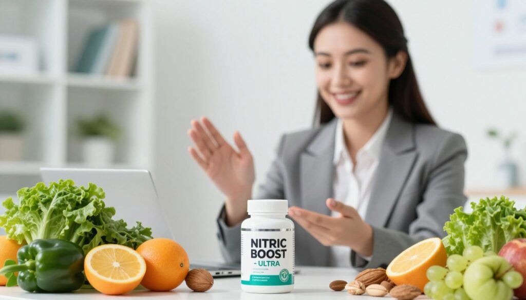 A bright and inviting composition featuring the product &amp;amp;quot;NITRIC BOOST - ULTRA&amp;amp;quot; prominently in the foreground. Surround the product with vibrant, fresh ingredients like leafy greens, fruits, and nuts, symbolizing natural health benefits. In the middle ground, include a beautiful, smiling woman in professional business attire, showcasing a confident demeanor as she interacts with the product, perhaps holding it or gesturing towards it. The background should be a softly blurred medical clinic setting, conveying a sense of expert endorsement and credibility. Use bright, natural lighting to create an uplifting atmosphere, while ensuring a warm and approachable mood. The angle should be slightly elevated, capturing both the product and the model's engaging expression to emphasize the claims of vitality and health associated with &amp;amp;quot;NITRIC BOOST - ULTRA.&amp;amp;quot;