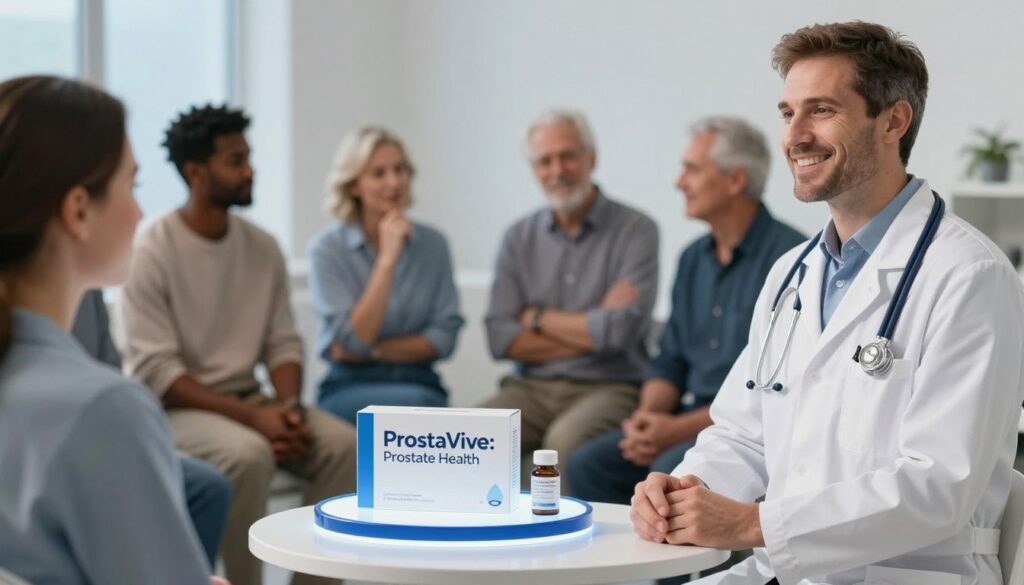 A serene and informative scene depicting the importance of prostate health. In the foreground, a smiling, professional-looking doctor, wearing a white lab coat, stands confidently beside a modern, sleek display of the ProstaVive product, which is prominently labeled &amp;quot;ProstaVive: Prostate Health.&amp;quot; In the middle ground, a diverse group of men of varying ages, all dressed in smart casual clothing, engage in an educational discussion about prostate health. These individuals appear engaged and thoughtful, suggesting a supportive environment. The background features soft lighting with subtle blue tones, evoking a calm and hopeful atmosphere. The entire composition is framed with a slightly blurred perspective, focusing the viewer's attention on the importance of prostate health while maintaining a warm and professional mood.