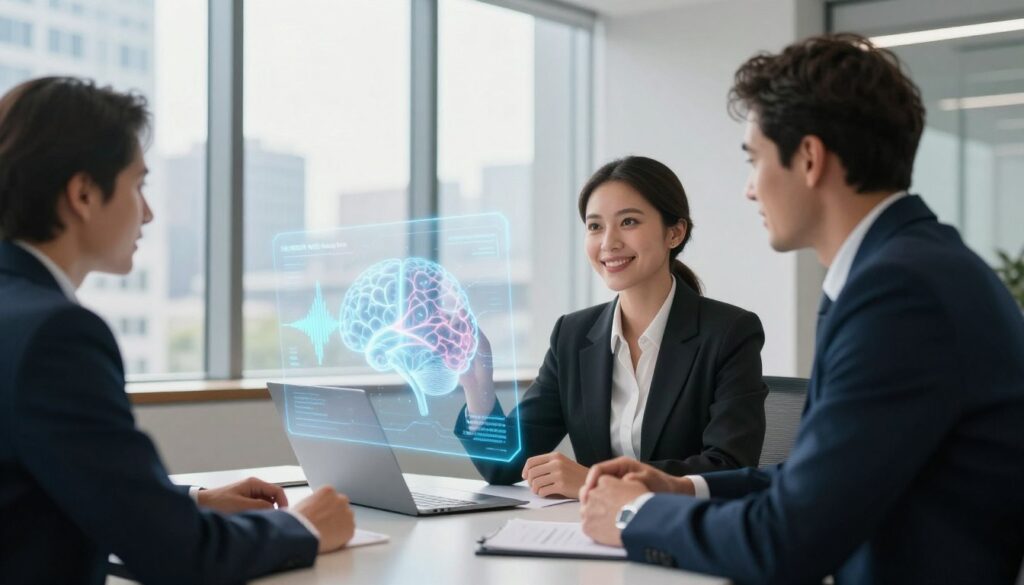 A serene and modern office environment showcases a diverse group of three professionals, dressed in smart business attire, engaged in a collaborative discussion around a sleek table. In the foreground, a woman with white skin, elegant features, and a warm smile interacts with two colleagues, while a holographic display of brainwaves and neural patterns flickers above the table. In the middle ground, a large window reveals a bright, sunlit cityscape, casting soft natural light into the room. The atmosphere is lively yet focused, embodying innovation and cognitive enhancement. The title &amp;amp;amp;quot;THE MEMORY WAVE: Memory Boost&amp;amp;amp;quot; subtly integrates into the holographic display. The angle captures the dynamics of teamwork, emphasizing synergy and the pursuit of a sharper, healthier mind.