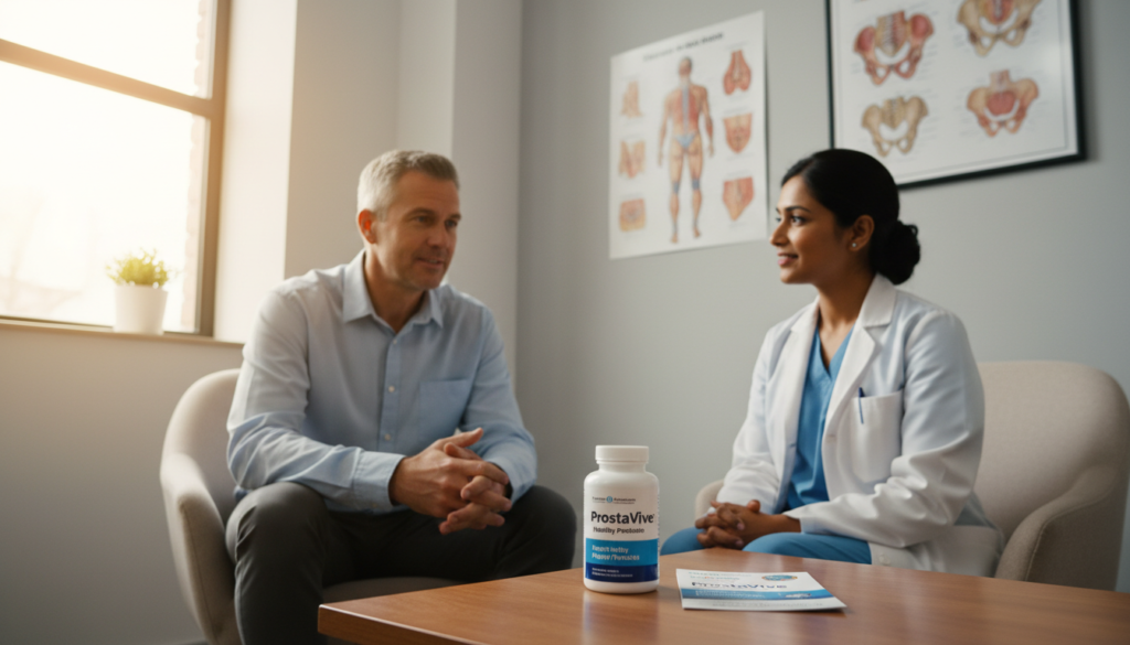 A serene doctor’s office focusing on prostate health challenges, featuring a middle-aged Caucasian male patient discussing symptoms with a professional female doctor. The doctor, in a white lab coat, listens attentively, surrounded by anatomical diagrams of the prostate on the walls. The patient, seated comfortably, appears concerned yet hopeful. In the foreground, a table displays the "ProstaVive: Healthy Prostate" product, emphasizing its role in promoting prostate health. Soft, natural lighting filters in from a nearby window, creating a warm, inviting atmosphere. The camera angle is slightly elevated, offering a clear view of the interaction while keeping the product in focus. The overall mood is caring and informative, highlighting the importance of understanding prostate health challenges.