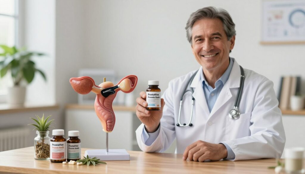A serene healthcare setting featuring a mid-aged, healthy white male doctor in a crisp white lab coat, smiling confidently as he holds a bottle labeled &amp;quot;ProstaVive: Prostate Health&amp;quot; in one hand. In the foreground, a variety of natural supplements including herbs and vitamins are artfully arranged on a polished wooden table. The middle ground shows a large anatomical model of the prostate, emphasizing its healthy size and function, with clear labeling of key areas. The background is softly blurred, hinting at a bright, welcoming clinic filled with warm lighting and leafy plants. The overall mood is upbeat and reassuring, highlighting the importance of prostate health while the focus remains on the product and education.