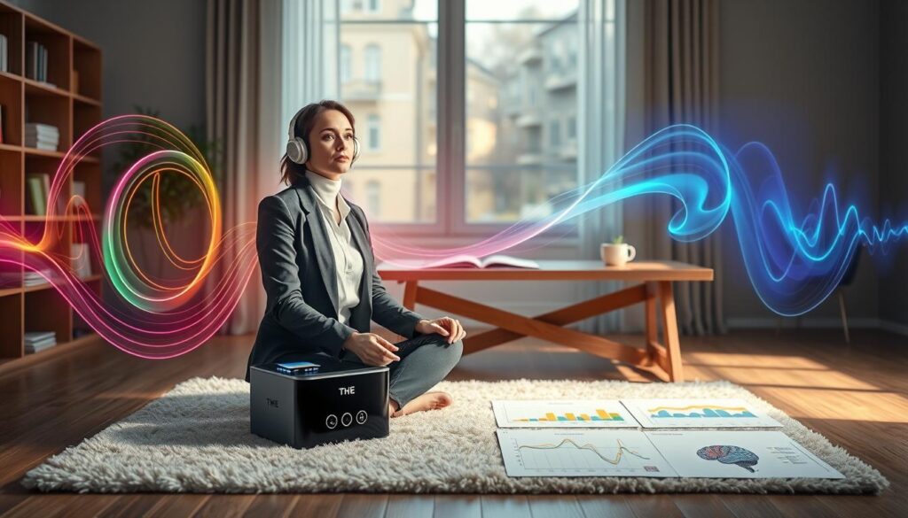 A serene study environment focusing on a high-tech audio device labeled &amp;amp;quot;THE BRAIN SONG FOR SHARP MIND.&amp;amp;quot; In the foreground, a white-skinned woman in professional attire sits cross-legged on a plush rug, wearing headphones, her expression one of deep concentration and tranquility. Surrounding her are ethereal soundwaves visibly emanating from the device, illustrated as colorful, flowing patterns. In the middle ground, a sleek wooden table with brain training materials, such as colorful graphs and brainwave charts, reflects the theme of cognitive enhancement. The background features a soft-focus window with natural light filtering through, enhancing the mood of enlightenment and focus. The atmosphere is calm, inviting, and intellectually stimulating, emphasizing mindfulness and cognitive growth.