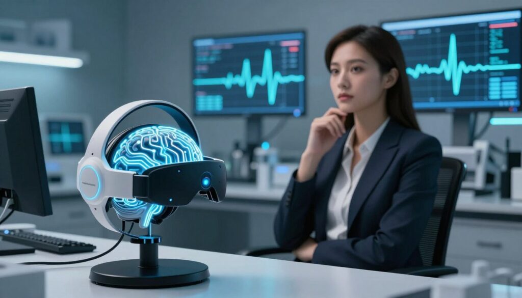A sleek and modern laboratory setting showcasing brainwave synchronization technology. In the foreground, a sophisticated headset is displayed, with glowing neural circuits and soft blue lights emanating from it. In the middle ground, a female model with a professional appearance, wearing smart business attire, sits poised with a thoughtful expression, as EEG waves are visualized in the air around her, illustrating brain activity. The background features high-tech screens displaying data analytics and brainwave patterns, bathed in cool, ambient lighting that creates a futuristic atmosphere. The scene captures a sense of innovation and professionalism, emphasizing the cutting-edge features of &amp;amp;amp;quot;THE MEMORY WAVE: Memory Boost&amp;amp;amp;quot;. Focused, clear lens perspective enhances the intricate details of the technology, inviting a sense of wonder and curiosity.