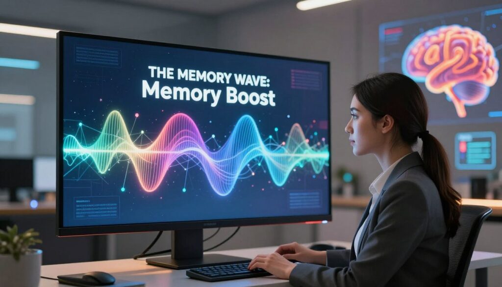A sleek, modern workspace featuring a large digital screen displaying the brand name &amp;amp;amp;quot;THE MEMORY WAVE: Memory Boost&amp;amp;amp;quot; in a captivating font. In the foreground, a focused young woman in professional business attire sits at a desk, her head gently tilted, showing a sense of concentration. The screen behind her radiates vibrant, colorful wave patterns symbolizing brainwave activation, with glowing neural connections. Soft, ambient lighting casts a warm glow, creating an atmosphere of innovation and tranquility. The background is a blurred view of a high-tech lab with abstract brain imagery and colorful data visualizations. The image captures the essence of advanced brain training, inviting viewers into a world of cognitive enhancement and memory improvement.