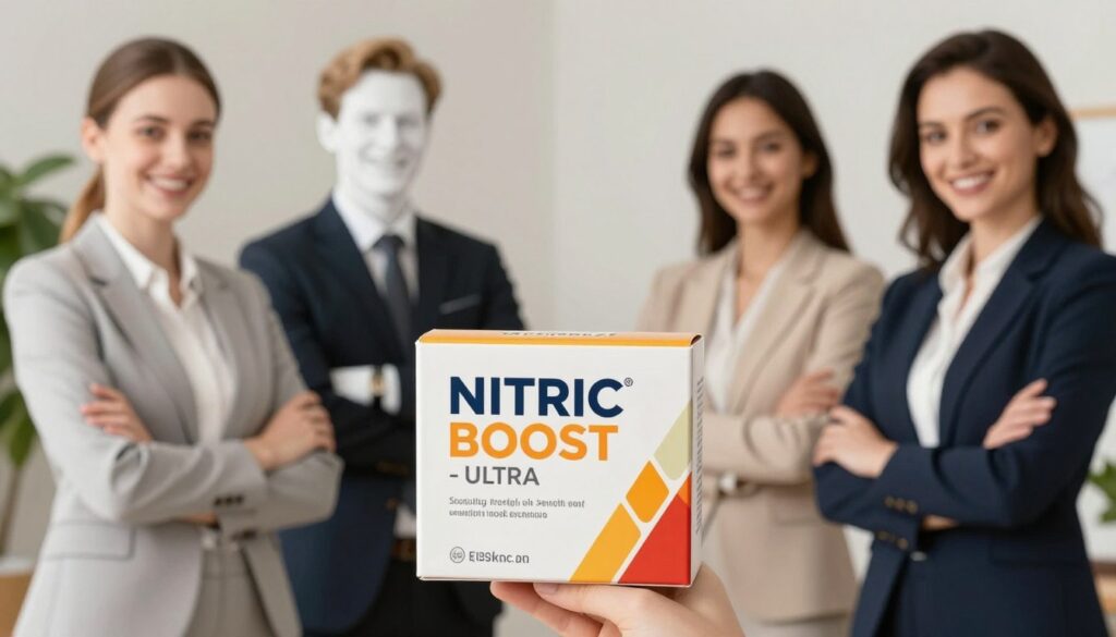 A vibrant and engaging image depicting a beautifully designed product box labeled &amp;amp;quot;NITRIC BOOST - ULTRA,&amp;amp;quot; prominently displayed in the foreground. Surrounding the box are white-skinned, smiling models in professional business attire, exuding confidence and health. The models are positioned thoughtfully, showcasing the product while maintaining a modest and professional appearance. The background features a softly lit room with a clean, modern aesthetic, perhaps with green plants to symbolize vitality and health. The lighting is warm and inviting, highlighting the product's appealing features. The mood conveys a sense of well-being and empowerment, seamlessly aligning with the theme of supporting healthy erections and enhancing sexual performance.