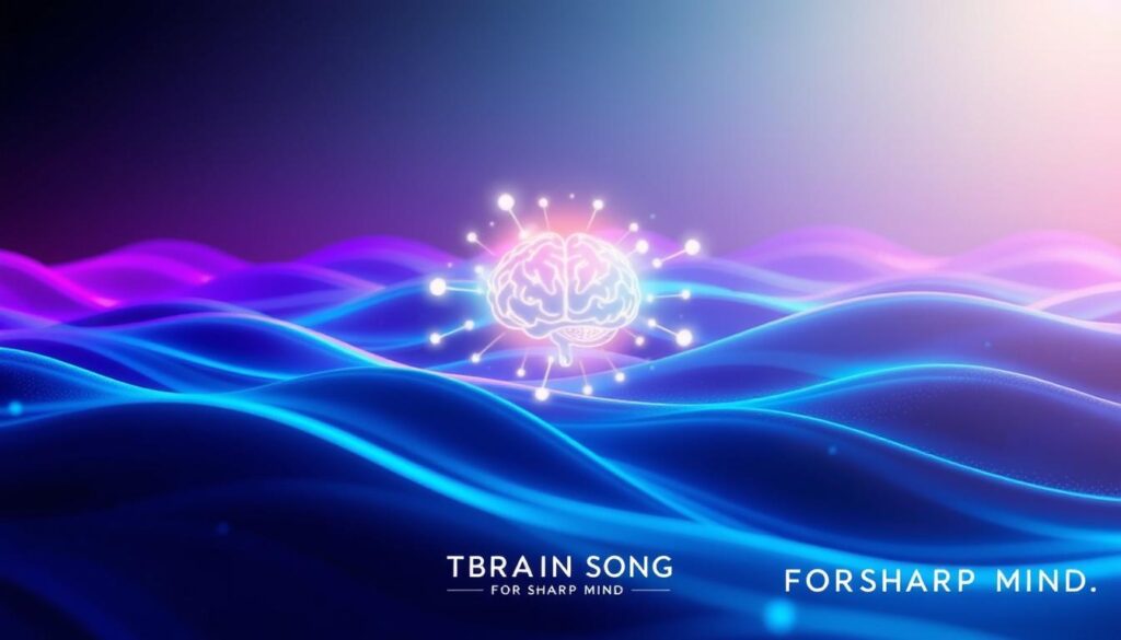 A vibrant visualization of brainwave entrainment audio, showcasing an abstract representation of sound waves and neural activity. In the foreground, luminous waves of color, such as deep blues and vibrant purples, ripple rhythmically to signify sound frequencies. The middle ground features stylized brain imagery with interconnected neural pathways, glowing softly as they pulse with energy. The background integrates soft gradients that fade into a calming darkness, evoking a serene yet stimulating atmosphere. Use dynamic lighting to create depth, with highlights reflecting off the waves to enhance their movement. The overall mood should be uplifting and enlightening, emphasizing the connection between sound and brain activation, while suggesting clarity and focus. The brand &amp;amp;quot;THE BRAIN SONG FOR SHARP MIND&amp;amp;quot; is subtly integrated into the design without any text or labels, maintaining a clean visual aesthetic.