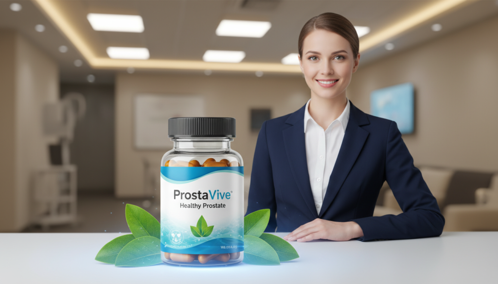 Create an image featuring a visually striking display of the "ProstaVive: Healthy Prostate" supplement bottle prominently positioned in the foreground. Surround the bottle with nature-inspired elements like green leaves and soft blue lighting to evoke a sense of health and vitality. In the middle ground, include a white-skinned, beautiful model wearing professional business attire, smiling while gracefully holding the supplement bottle, portraying confidence and positivity. The background should depict a softly blurred, modern healthcare setting with warm lighting, emphasizing wellness and tranquility. Use a shallow depth of field to draw focus on the product and the model, ensuring a professional and inviting atmosphere. The overall mood should be uplifting and informative, reflecting the importance of prostate health.