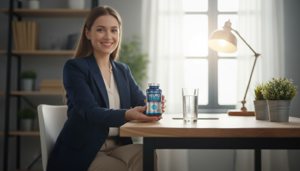 A serene and inviting office environment, featuring a beautiful, smiling white-skinned woman in professional business attire, thoughtfully presenting the NEURO SERGE - BRAIN SUPPORT product. She is seated at a sleek desk adorned with plants and soft lighting, creating a calm atmosphere. In the foreground, the product is prominently displayed, with a close-up view emphasizing its sleek packaging and vibrant labeling. The middle ground includes a subtle glass of water, reinforcing the concept of hydration and brain health. The background shows a well-organized bookshelf and soft sunlight streaming through a window, casting gentle shadows. The overall mood is one of professionalism, clarity, and positivity, symbolizing cognitive clarity and support against brain fog. Use a soft focus lens effect to enhance warmth and approachability.