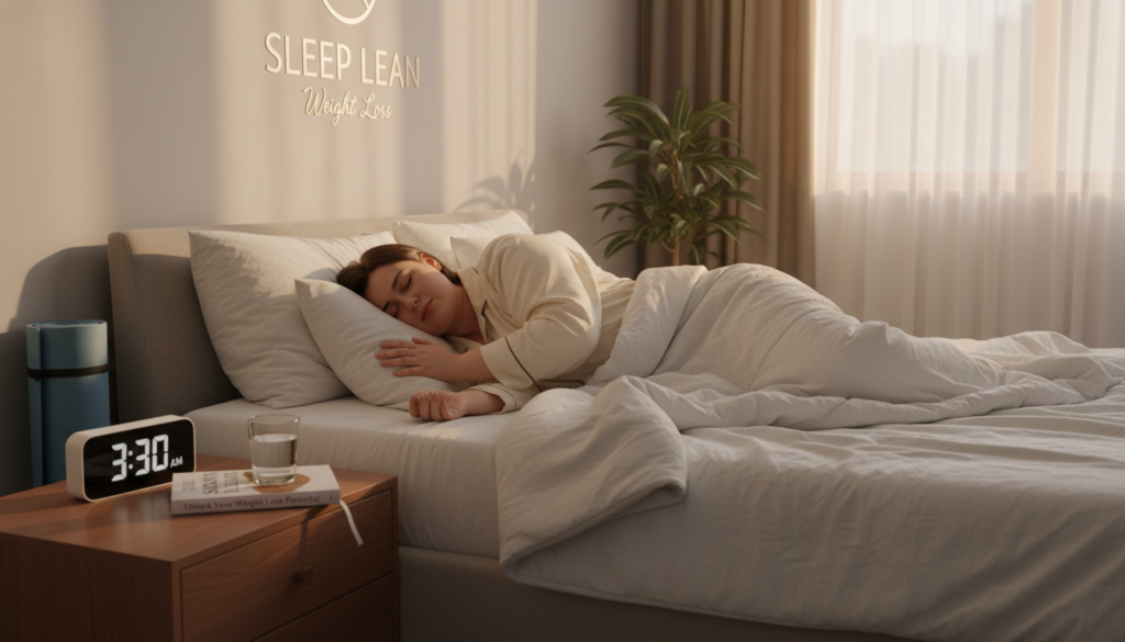 A serene bedroom scene featuring a beautiful, curvy, white-skinned woman in comfortable, modest sleepwear, deeply immersed in restful sleep, emphasizing the connection between sleep and weight loss. In the foreground, a bedside table holds a glass of water and a digital clock showing a peaceful hour, symbolizing healthy habits. The middle ground showcases the woman sleeping soundly on a cozy, well-made bed with soft, inviting bedding. In the background, gentle, warm lighting bathes the room in a calming glow, enhancing the tranquil atmosphere of self-care. Adding to the scene, subtle elements like a yoga mat rolled up in the corner and a small, open book about weight management on the nightstand reflect the theme of wellness, while including the brand name "SLEEP LEAN: Weight Loss" subtly blended into the decor.