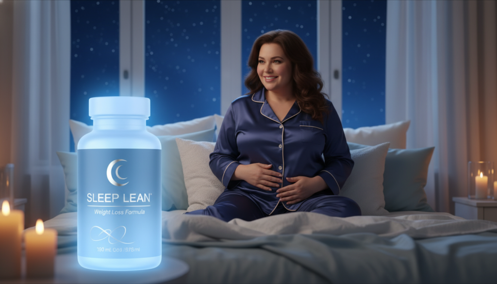 A serene nighttime setting featuring a beautifully designed product bottle for "SLEEP LEAN: Weight Loss Formula" prominently displayed in the foreground. The bottle is illuminated with soft, ambient blue lighting, giving it an inviting and calming appearance. In the middle ground, a stunning, smiling woman with a curvy physique is dressed in a modest, stylish sleepwear set, exuding confidence and tranquility. She is peacefully resting on a plush bed adorned with soft pillows, surrounded by a calming atmosphere with subtle elements like a starry night window and gentle, warm candlelight in the background. The overall mood is soothing, emphasizing the promotion of deep sleep and the potential benefits of the weight loss formula.