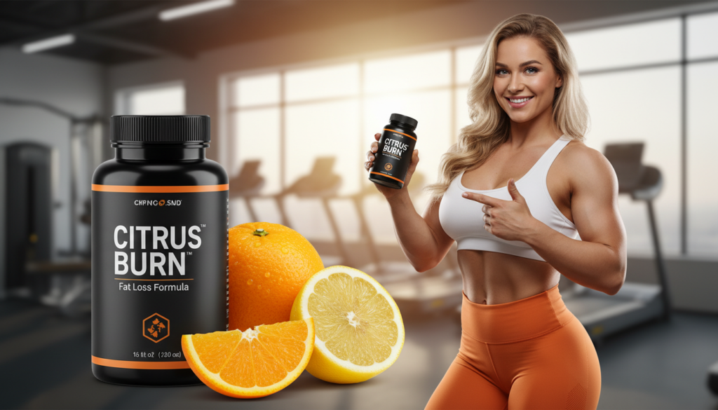 A vibrant and eye-catching product display of "CITRUS BURN Fat Loss Formula" showcased prominently in the foreground. The sleek, modern packaging should be depicted alongside fresh citrus fruits like oranges and lemons, symbolizing natural ingredients. In the background, a softly blurred gym setting with bright, natural lighting creates an energizing atmosphere. A curvy, beautiful model with a warm smile, dressed in stylish workout attire, confidently holds the product, promoting a sense of health and vitality. The scene captures the essence of fitness and well-being, with a dynamic angle that emphasizes both the product and model's energy. The overall mood is uplifting and inspiring, ideal for those seeking a positive lifestyle change.