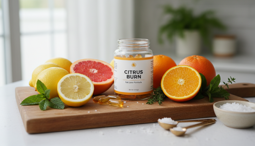 A vibrant, eye-catching still life composition featuring the ingredients of the "CITRUS BURN Fat Loss Formula." In the foreground, showcase fresh lemons, grapefruits, and oranges sliced open to reveal their juicy interiors, placed artfully on a wooden cutting board. Include a backdrop of green herbs like mint and thyme to add contrast. In the middle ground, display a clear glass jar labeled "CITRUS BURN Fat Loss Formula," filled with colorful capsules and surrounded by measuring spoons and a small bowl of sea salt, suggesting the ingredient analysis. Use soft, natural lighting to create a bright and refreshing atmosphere, with a shallow depth of field to emphasize the ingredients. The mood is invigorating and health-focused, with a clean, modern aesthetic.