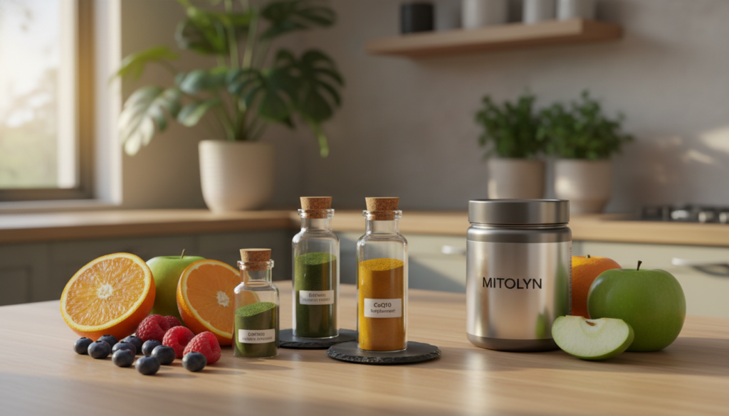 A visually striking still life arrangement showcasing the key ingredients of "MITOLYN", emphasizing their natural and vibrant qualities. In the foreground, place colorful, fresh fruits such as plump berries, juicy oranges, and green apples, artfully arranged around a sleek, modern container labeled "MITOLYN". In the middle ground, incorporate elegant glass jars filled with powdered herbal extracts and supplements, displayed artistically. The background features a soft-focus view of a bright, sunlit kitchen with light wooden surfaces and leafy plants, creating an inviting and health-focused atmosphere. Use warm, natural lighting to enhance the colors and textures, with a slight tilt from above for a dynamic angle. The overall mood is energizing and fresh, perfectly reflecting the theme of unlocking metabolic power.