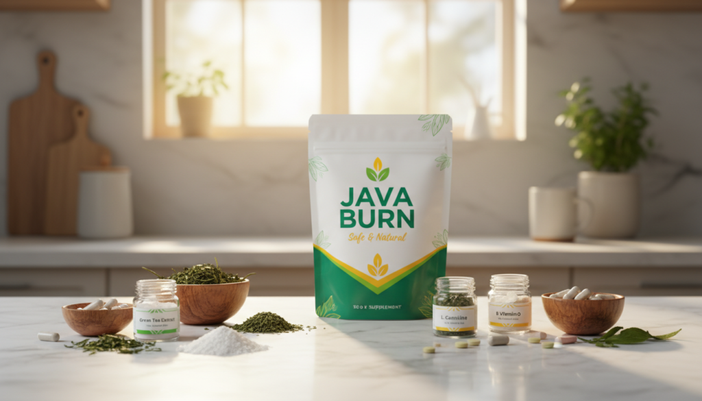 A beautifully arranged display of Java Burn supplement ingredients on a clean, white marble countertop. The foreground features an assortment of herbal ingredients such as green tea extract, L-carnitine, and various vitamins, artfully scattered among small, transparent jars and wooden bowls. In the middle ground, a sleek, modern package of "JAVA BURN: Safe & Natural" sits prominently, designed with a minimalist aesthetic and vibrant colors that highlight its natural essence. The background shows a softly blurred kitchen environment with warm, natural lighting filtering through a window, creating an inviting and healthy atmosphere. The scene conveys a sense of wellness and vitality, making it appealing for readers interested in metabolism-boosting supplements.