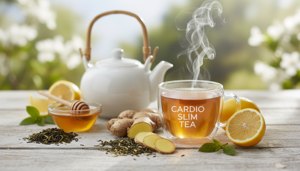 A beautifully arranged flat lay of CARDIO SLIM TEA ingredients, including green tea leaves, ginger slices, and fresh lemon wedges, artfully scattered on a light wooden background. In the foreground, a clear, inviting glass cup filled with steaming tea showcases its vibrant amber color, reflecting soft natural light. The middle layer features an elegant teapot and a small bowl containing honey, enhancing the natural beauty of the composition. In the background, a subtle blurred garden scene adds a sense of freshness and tranquility. The atmosphere is warm and inviting, evoking feelings of wellness and rejuvenation. Use a soft focus lens to capture intricate details while maintaining a soft, calming vibe.