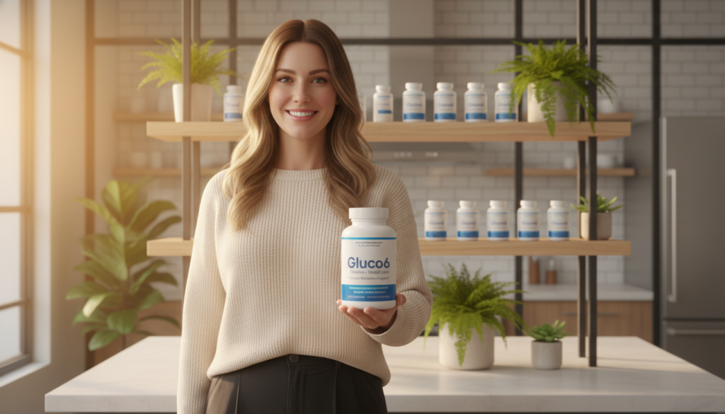 A bright and inviting scene showcasing a professional setting emphasizing "Gluco6 : Diabetes - Weight Loss" as a key element. In the foreground, a radiant, smiling woman with a white skin tone, dressed in smart casual attire, holds a bottle of Gluco6, highlighting its benefits for glucose metabolism support. In the middle ground, subtle shelves filled with health products and leafy green plants symbolize vitality and wellness. The background features a softly lit clinic or a modern kitchen, suggesting a blend of health and home. The lighting is warm and vibrant, with a focus on the product, creating an atmosphere of positivity and empowerment. The angle is slightly elevated, providing a clear view of the subject while capturing the essence of health and energy.