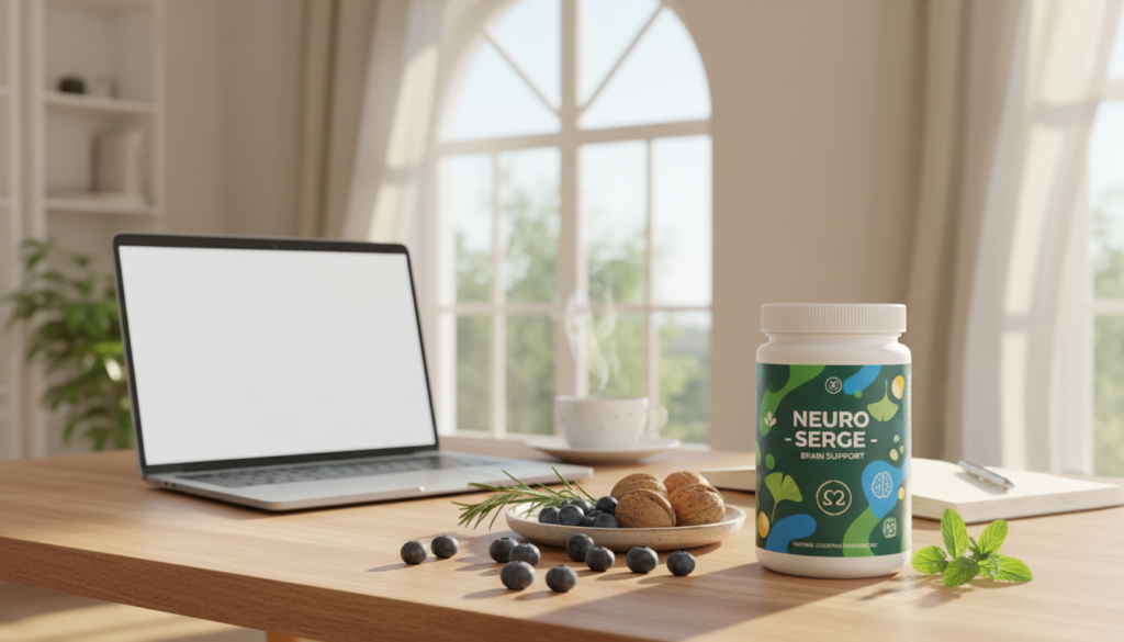 A clean, minimalist workspace featuring the NEURO SERGE - BRAIN SUPPORT supplement prominently displayed in the foreground. The product is showcased in a stylish, eco-friendly container, with vibrant colors highlighting its natural ingredients like ginkgo biloba and omega-3s. In the middle ground, there are various fresh herbs and fruits that suggest cognitive enhancement, such as blueberries and walnuts, artfully arranged. The background features soft-focus, warm-toned sunlight streaming through a window, creating a serene and inviting atmosphere. The overall mood is one of tranquility and focus, ideal for brain support. Ensure the setting looks professional, evoking wellness and productivity without any distractions or text overlays.