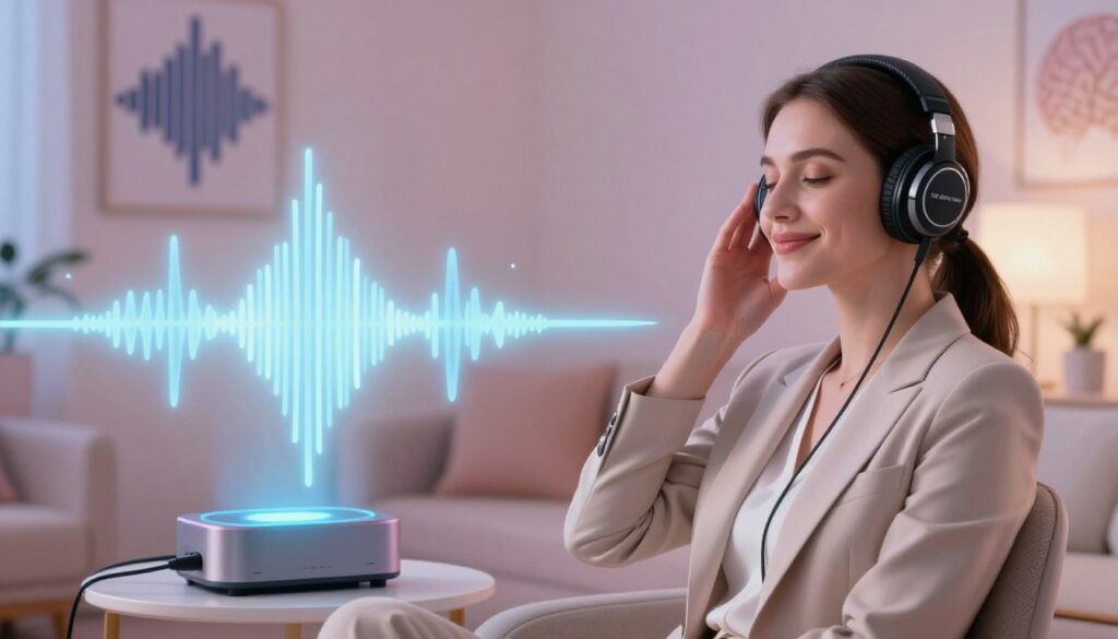 A serene and sophisticated scene depicting brainwave therapy audio techniques. In the foreground, a beautiful woman dressed in professional attire, with white skin and a warm smile, is seated comfortably with headphones on, deeply engaged in listening to "THE BRAIN SONG." She exudes a sense of focus and tranquility. The middle ground features softly glowing sound waves emanating from an audio device, visually representing brainwave activity and harmony. In the background, a calming room environment is enriched with soft pastel colors, ambient lighting that creates a peaceful atmosphere, and abstract illustrations of sound frequencies, suggesting the therapeutic benefits of audio techniques. The composition should evoke a sense of relaxation and mindfulness, with a focus on personal well-being and mental clarity.