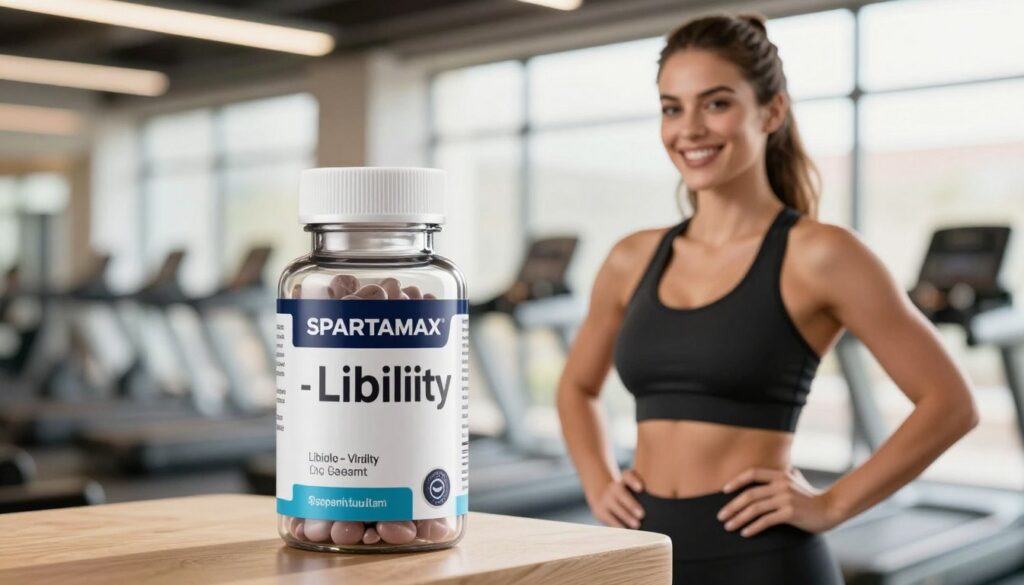 A sleek and modern setting featuring the product "SPARTAMAX Libido - Virility" prominently displayed in the foreground. The booster should be shown in a stylish, clear bottle with an eye-catching label, highlighting its premium quality. In the middle ground, a beautiful, curvy woman in professional attire stands confidently next to the product, smiling and embodying health and vitality. She has a bright and inviting expression. The background features a softly blurred gym environment, with warm, natural lighting emphasizing a sense of well-being and fitness. The angle should suggest a dynamic and engaging scene, with the focus on the product as a performance enhancer, capturing the essence of strength and safety. The overall mood is uplifting and motivating, showcasing the benefits of SPARTAMAX.