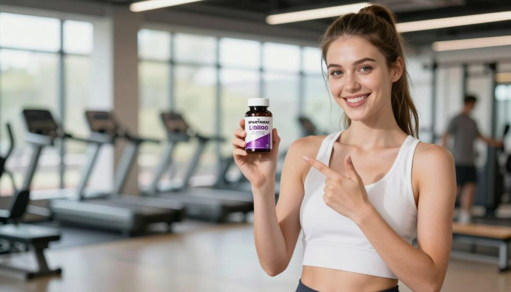 A vibrant and engaging product display featuring the SPARTAMAX Libido - Virility supplement. In the foreground, a beautifully composed image of a young female model with white skin, smiling confidently, dressed in smart casual attire. She is holding the SPARTAMAX bottle in one hand and gesturing towards it with the other, exuding confidence and vitality. In the middle ground, subtle highlights and reflections showcase the product, emphasizing its professional appeal. The background displays a softly blurred gym environment, suggesting strength and stamina, with natural light streaming through large windows, creating an uplifting and motivating atmosphere. The overall mood of the image is positive and inspiring, illustrating the benefits of the SPARTAMAX product effectively.