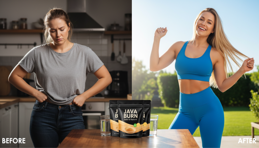 A visually striking before-and-after image focusing on the transformation achieved with "JAVA BURN : Safe & Natural." In the foreground, two beautiful, curvy, white-skinned female models are depicted. The model on the left showcases her before results, looking somewhat unsatisfied, dressed in modest casual clothing. The model on the right displays her radiant after results, confidently smiling, with a noticeable glow and an energetic pose. In the middle ground, a table showcases the Java Burn product prominently, hinting at its role in the transformation. The background features a bright, uplifting environment with soft, natural lighting, reminiscent of a healthy lifestyle. The overall mood conveys positivity and enthusiasm for wellness and metabolism-boosting effects, encouraging viewers to learn more about the product without any text or overlays.