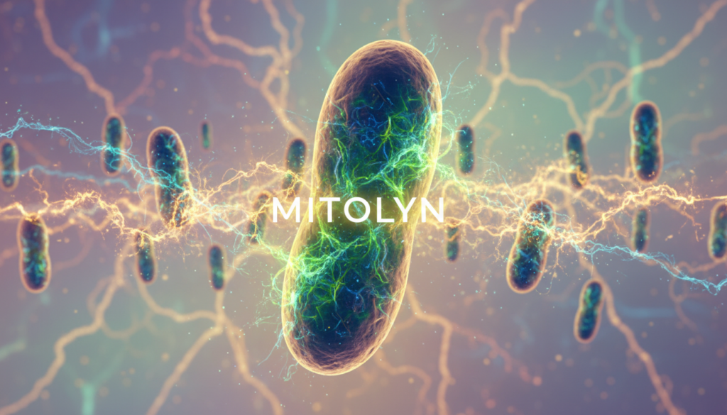 Create a visually striking image representing mitochondrial function, featuring a vibrant, stylized illustration of mitochondria teeming with energy. In the foreground, depict a large, detailed mitochondrion with dynamic swirling colors like green and blue, symbolizing metabolic activity. The middle layer should include smaller mitochondria interconnected with delicate trails of energy, illustrating their function in cellular respiration. The background should be an abstract representation of a cell, with subtle gradients of light to emphasize depth and complexity. Use soft, diffused lighting to create a lively and energetic atmosphere, enhancing the sense of movement. The lens should give a slightly panoramic view, capturing the intricate details of the organelles. Overall, the image should convey a sense of vitality and the significance of metabolic health, with the brand name “MITOLYN” subtly incorporated into the design, merging seamlessly with the vibrant colors.