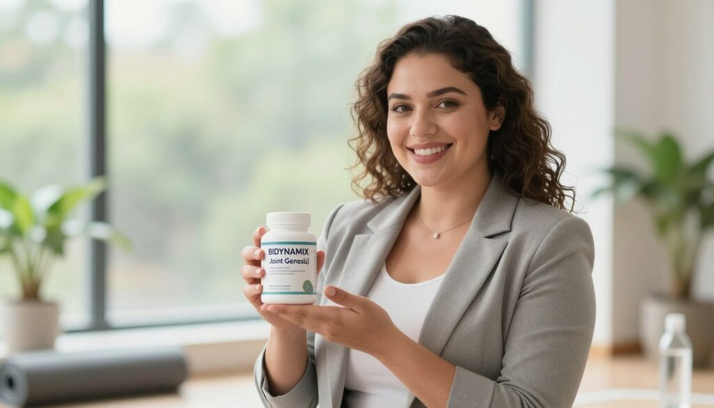 A beautiful, curvy woman in professional business attire, smiling warmly while holding a container of "BIODYNAMIX - Joint Genesis'" in her hands. She stands in a bright, inviting indoor setting, filled with soft natural light filtering through large windows. In the background, there are hints of greenery and health-related elements like a yoga mat and a water bottle, symbolizing wellness and movement. Focus on her radiant expression, showcasing confidence and vitality. The composition is captured at a slight angle to convey depth, with a soft bokeh effect in the background to keep the emphasis on the woman and the product. The overall atmosphere is positive, encouraging feelings of vitality and rejuvenation.