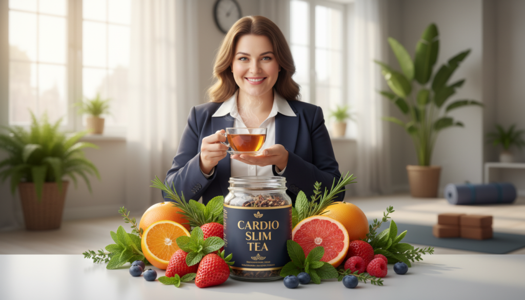 A beautifully styled product shot of "CARDIO SLIM TEA" placed prominently in the foreground, surrounded by fresh herbs and vibrant fruits like berries, symbolizing health and vitality. In the middle ground, a smiling, curvy woman dressed in a professional business outfit, exuding confidence and wellness, holds a steaming cup of tea, showcasing its appeal for cardiovascular health and weight loss. In the background, a soft-focus depiction of a calm wellness studio with warm, inviting lighting and green plants enhances the serene atmosphere. The overall mood conveys a sense of rejuvenation and health, with the composition balanced and harmonious to attract readers interested in wellness solutions.
