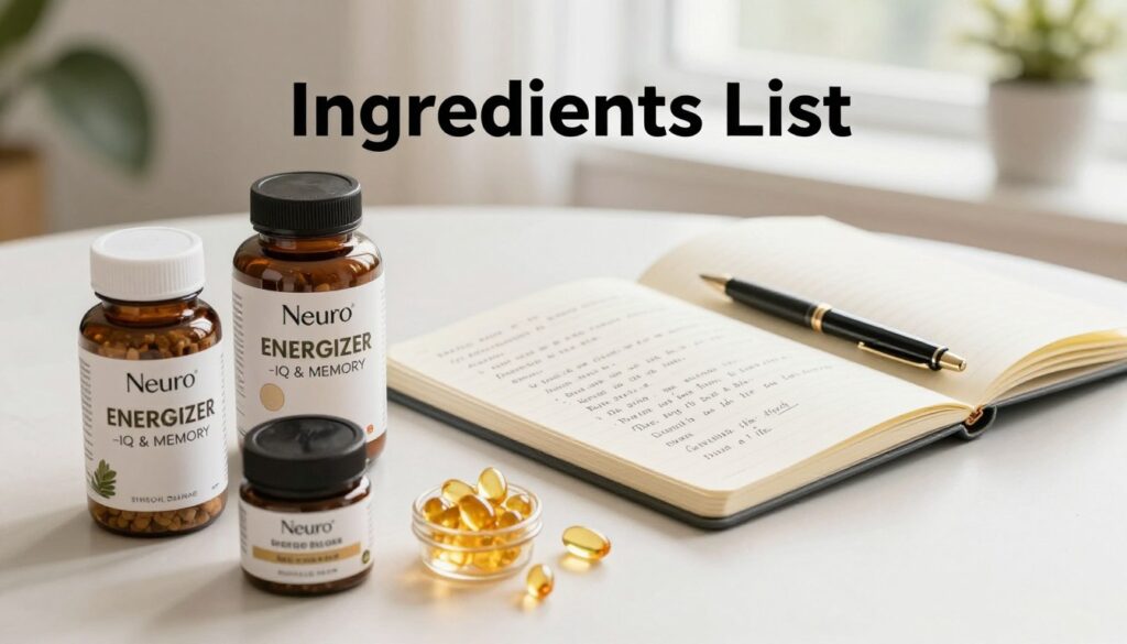 A clean, well-organized flat lay composition showcasing an "Ingredients List" for the "Neuro ENERGIZER - IQ & MEMORY" supplement. In the foreground, clearly visible jars containing key natural ingredients such as Ginkgo Biloba, Bacopa Monnieri, Rhodiola Rosea, and Omega-3 fish oil. Each jar is labeled with elegant, minimalist designs. The middle ground features a sleek, modern notebook open with handwritten notes on cognitive benefits beside a stylish pen. The background is softly blurred, hinting at a serene workspace with natural light filtering through a window, creating a productive atmosphere. The overall mood is focused and inspiring, ideal for an engaging article on memory enhancement. The scene employs warm, inviting colors to evoke a sense of motivation and clarity.