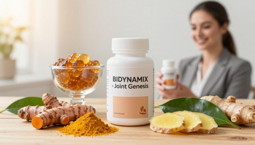 A close-up composition showcasing the key ingredients of "BIODYNAMIX - Joint Genesis" arranged artistically on a light wooden surface. In the foreground, feature vibrant turmeric roots and golden powder, glistening ginger slices, and glossy green leaves of boswellia. In the middle, place acacia gum and collagen peptides in elegant glass containers, along with a backdrop of a smiling, young woman in professional attire, gently holding a container of Joint Genesis. She has a warm expression, symbolizing vitality and movement. The background should be softly blurred with warm, natural light filtering through, creating a serene, uplifting atmosphere. The focus is on health and wellness, with an inviting and informative vibe that emphasizes the benefits of these ingredients.