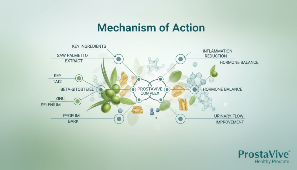 A detailed illustration depicting the "ProstaVive Mechanism of Action" in a clean, informative style. In the foreground, showcase a sleek, modern diagram illustrating the analytical and biological processes involved in ProstaVive's efficacy for prostate health, with labels highlighting key components like ingredients and their interactions. The middle ground features subtle layers of molecular structures and natural ingredients, symbolizing herbal elements that contribute to prostate health, well-structured to hold attention without overwhelming the viewer. The background should be softly blurred, with calming colors like greens and blues, creating a serene and professional atmosphere. Utilize soft, even lighting to enhance clarity, and simulate a bird’s-eye view angle to provide an analytical perspective. The brand name "ProstaVive: Healthy Prostate" should be subtly integrated into the design, ensuring a cohesive and educational visual presentation.