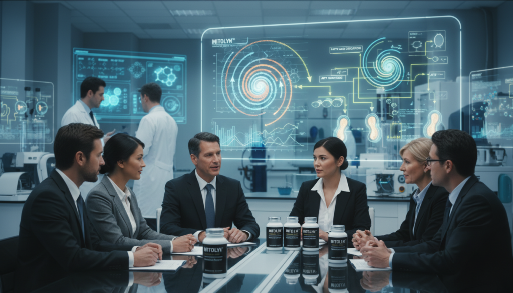 A dynamic and informative scene illustrating "MITOLYN energy production and fat metabolism." In the foreground, a diverse group of professional, well-dressed individuals engaged in animated discussion around a sleek, modern presentation table displaying the MITOLYN product prominently. The middle ground features vibrant visual graphs and diagrams depicting energy production processes and metabolic pathways, artistically represented with bright colors and flowing lines to symbolize energy flow. In the background, an advanced laboratory setting with high-tech equipment and glowing screens emphasizes clinical efficacy, suggesting a focus on scientific research. Soft, balanced lighting enhances the bright color palette, while a slightly angled perspective adds depth to the composition. The mood is optimistic and forward-looking, reflecting the potential of MITOLYN to unlock metabolic power.