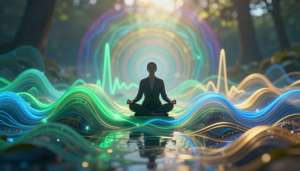 A serene, abstract landscape representing brainwave entrainment, with vibrant waves of color flowing harmoniously in the foreground. Soft, glowing lines in shades of electric blue, emerald green, and warm gold weave together, symbolizing neural connections and brain activity. In the middle ground, a silhouette of a person in professional attire sits cross-legged, eyes closed, meditating amidst the wave patterns, embodying focus and tranquility. The background features a blurred, luminous kaleidoscope of colors, enhancing the ethereal mood. Natural light filters through, casting gentle reflections, creating an atmosphere of serenity and mental clarity. The brand name "THE BRAIN SONG" subtly integrated into the waves, disconnected from any text overlays. The overall tone is uplifting and inspiring, emphasizing health, mindfulness, and brain activation.