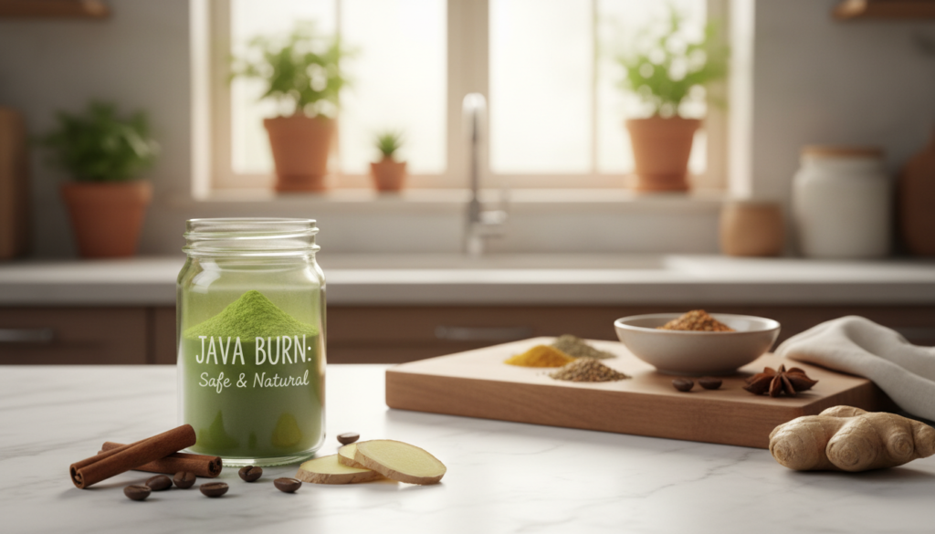 A serene and inviting kitchen setting showcasing the natural ingredients of "JAVA BURN: Safe & Natural." In the foreground, display an elegant glass jar filled with vibrant green matcha powder, surrounded by fresh coffee beans, cinnamon sticks, and a few slices of ginger root. In the middle of the composition, incorporate a beautiful white marble countertop with a wooden cutting board, where a small bowl contains an assortment of spices and herbs. Soft, warm lighting saturates the scene, creating a calm and uplifting atmosphere. In the background, a blurred window allows natural sunlight to filter in, enhancing the freshness of the ingredients. Include a subtle hint of plants or herbs to emphasize the natural essence of the product. The image should evoke a sense of health, wellness, and vitality, aligning with the theme of boosting metabolism.
