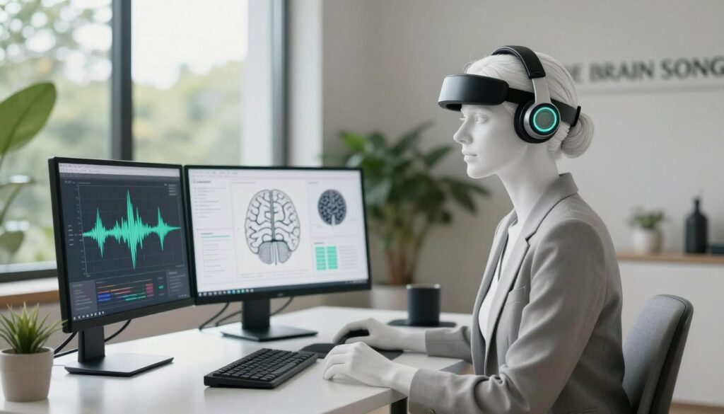 A serene and modern workspace featuring a focused white-skinned woman in professional attire, sitting at a sleek desk, deeply engaged in a brainwave entrainment session. In the foreground, a high-tech headset rests on her temples, glowing softly to indicate its operation. The middle ground showcases an array of scientific charts and diagrams on the desk, depicting brainwave patterns and mental clarity concepts. The background features a large window with calming natural light streaming in, surrounded by soft greenery, creating a tranquil atmosphere. The mood is one of serene concentration, inviting viewers to ponder the benefits of brainwave entrainment. The brand name "THE BRAIN SONG" subtly appears on the wall behind, in an elegant and understated manner, contributing to the overall feel without distracting from the primary subject.