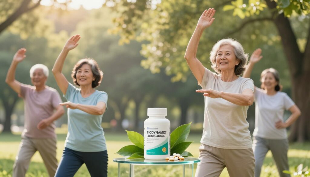 A serene and uplifting scene focused on joint health issues in adults over 50. In the foreground, a diverse group of three adults, dressed in modest casual clothing, are engaged in light exercises, showcasing flexibility and movement. Their expressions are cheerful, highlighting a sense of vitality. In the middle ground, a glass display shows the product "BIODYNAMIX - Joint Genesis'", surrounded by natural elements like green leaves and supplements, symbolizing health and rejuvenation. The background features a soft-focus park setting with sunlight filtering through trees, creating a warm, inviting atmosphere. Use soft, natural lighting to evoke positivity and hope, with a slight emphasis on the adults in their movements, captured from a low angle for empowerment.