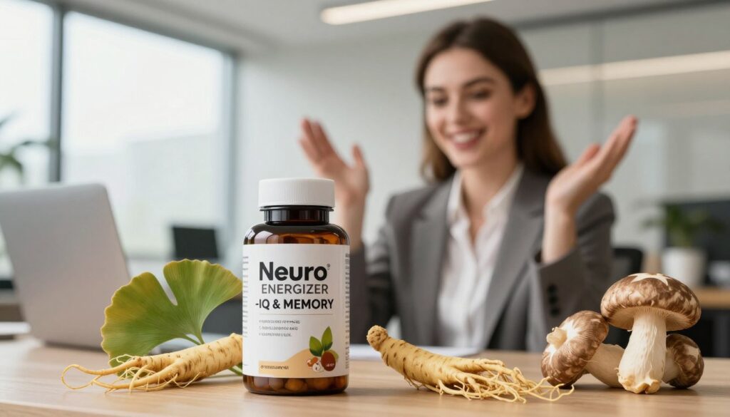 A sleek, modern bottle of "Neuro ENERGIZER - IQ & MEMORY" supplement displayed prominently in the foreground, surrounded by vibrant, fresh ingredients like ginseng, ginkgo biloba, and lion's mane mushroom. The bottle is elegantly designed with a minimalist label, emphasizing its high-quality formulation. In the middle ground, an attractive young woman with white skin, dressed in a professional business outfit, interacts enthusiastically with the product, exuding confidence and intelligence. She has a friendly smile, reflecting positivity and motivation. The background features a soft-focus modern office setting with warm, natural lighting filtering through large windows, creating an inviting and inspiring atmosphere. The overall mood is uplifting and energetic, mirroring the cognitive enhancement theme of the supplement.