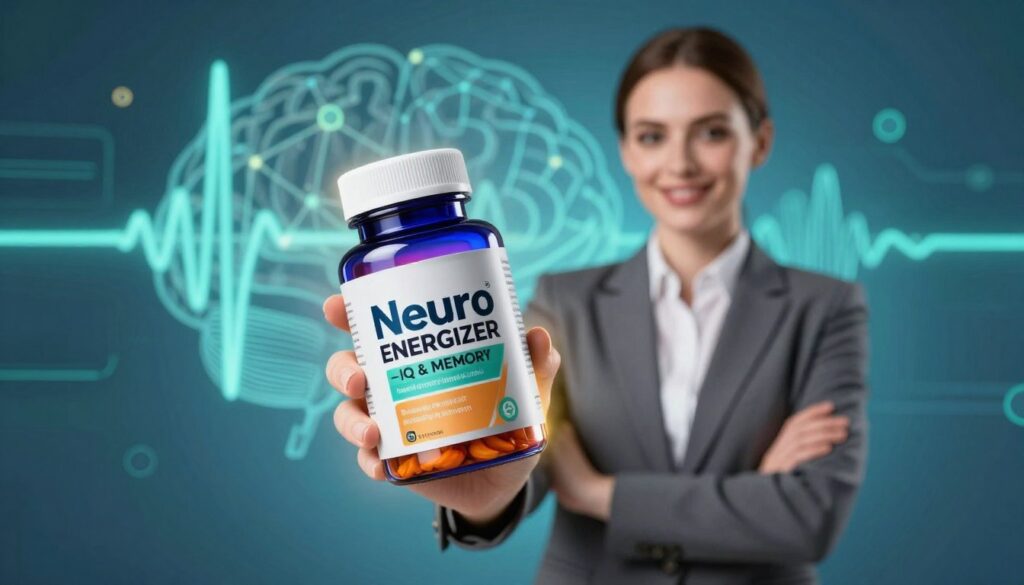 A sleek, modern supplement bottle labeled "Neuro ENERGIZER - IQ & MEMORY," prominently displayed in the foreground. The bottle features a glossy finish with vibrant colors, reflecting an energized mood. Surrounding the bottle, a soft glow emanates to signify vitality and enhancement. In the middle ground, a professional-looking woman with fair skin and a warm smile, dressed in business attire, holds the bottle confidently, her posture exuding confidence and trustworthiness. The background features an abstract design of brainwaves and neural connections, illustrated in calming blues and greens, creating an atmosphere of intelligence and focus. Soft, diffused lighting enhances the overall scene, casting gentle shadows for depth while maintaining a clean, polished feel. The angle is slightly from above, providing a dynamic perspective that draws the viewer in.