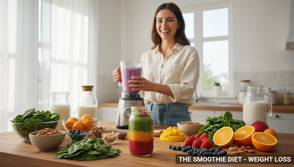A vibrant kitchen setting featuring a beautifully arranged table filled with an array of colorful smoothie ingredients such as fruits, vegetables, nuts, and seeds. In the foreground, a glass jar with a layered smoothie showcasing bright greens, oranges, and reds, with natural light illuminating the textures and colors. A smiling woman in casual, modest clothing is blending a smoothie in the background, exuding a sense of health and happiness. Soft morning light streams through a window, creating a warm, inviting atmosphere. The brand name "The Smoothie DIET- Weight Loss" subtly displayed on the countertop, without any text overlays. The mood is motivating and fresh, emphasizing the enjoyment of a healthy lifestyle and the benefits of the 21-day smoothie diet plan.