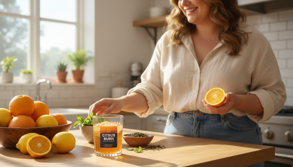 A bright, inviting kitchen setting showcasing an array of citrus fruits like oranges, lemons, and grapefruits, artistically arranged on a wooden countertop. In the foreground, a stylish glass of Citrus Burn supplement, the label prominently displaying "CITRUS BURN" in bold letters, exuding freshness. A beautiful, curvy woman in modest casual clothing smiles radiantly, holding a piece of fruit as she interacts with the ingredients. The middle ground features herbs like mint and green tea leaves, emphasizing natural wellness. The background is softly blurred, highlighting warm, natural lighting pouring in from a window, creating an uplifting atmosphere. The overall mood is vibrant and health-focused, illustrating the benefits and ingredients of the Citrus Burn supplement.