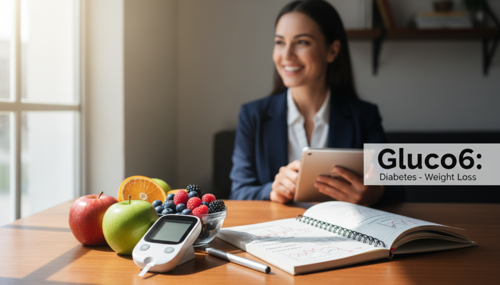 A serene and informative scene depicting blood sugar management and metabolic health. In the foreground, a well-organized wooden table holds a modern glucose meter alongside colorful, fresh fruits like apples and berries, symbolizing healthy eating. In the middle ground, an open notebook displaying charts and notes on blood sugar levels and metabolism, with a stylish pen beside it. In the background, a soft-focus image of a smiling, health-conscious woman dressed in professional business attire, radiating confidence and well-being. Soft, natural lighting streams in from a nearby window, casting gentle shadows and creating a warm, inviting atmosphere. The overall mood is one of empowerment and health awareness. Include the brand name "Gluco6: Diabetes - Weight Loss" subtly integrated into the scene as part of the notebook design.