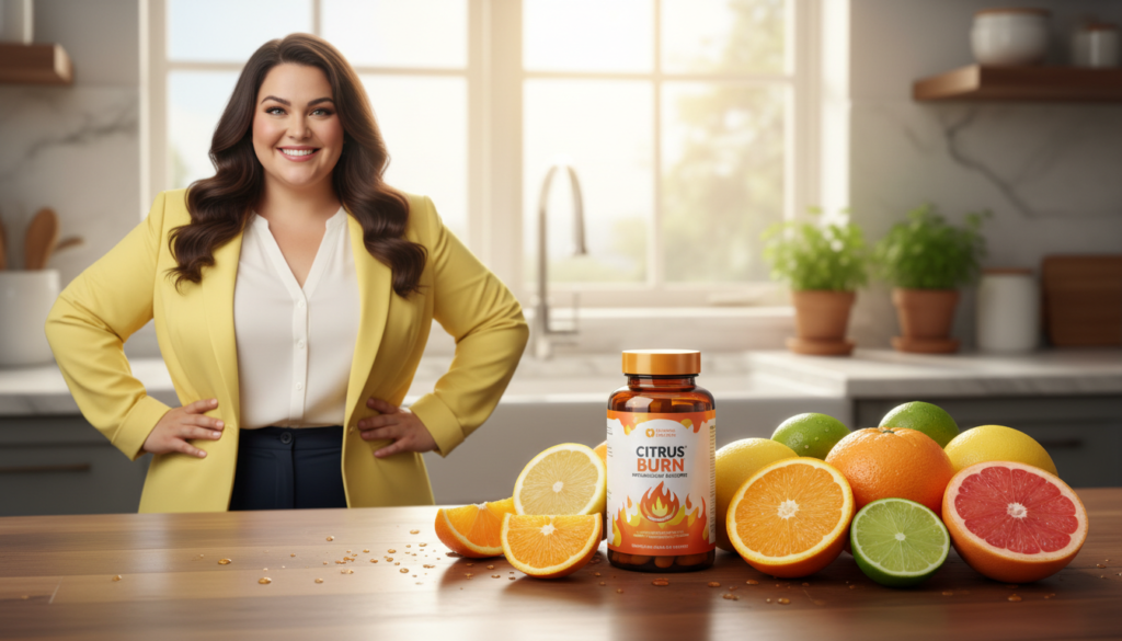 CITRUS BURN metabolism booster showcased prominently in the foreground, surrounded by fresh, vibrant citrus fruits like oranges, lemons, and grapefruits, emphasizing energy and vitality. A smiling, beautiful woman in professional business attire stands next to the product, her curvy silhouette enhancing the theme of health and wellness, radiating confidence and positivity. The background features a sunlit kitchen setting, with soft, warm lighting that creates an inviting and uplifting atmosphere. The lens captures the scene from a slightly elevated angle, bringing the viewer's attention to the product and the model. Emphasize bright colors to convey freshness and health, ensuring the overall composition is clean and focus-driven, without any text or overlays.