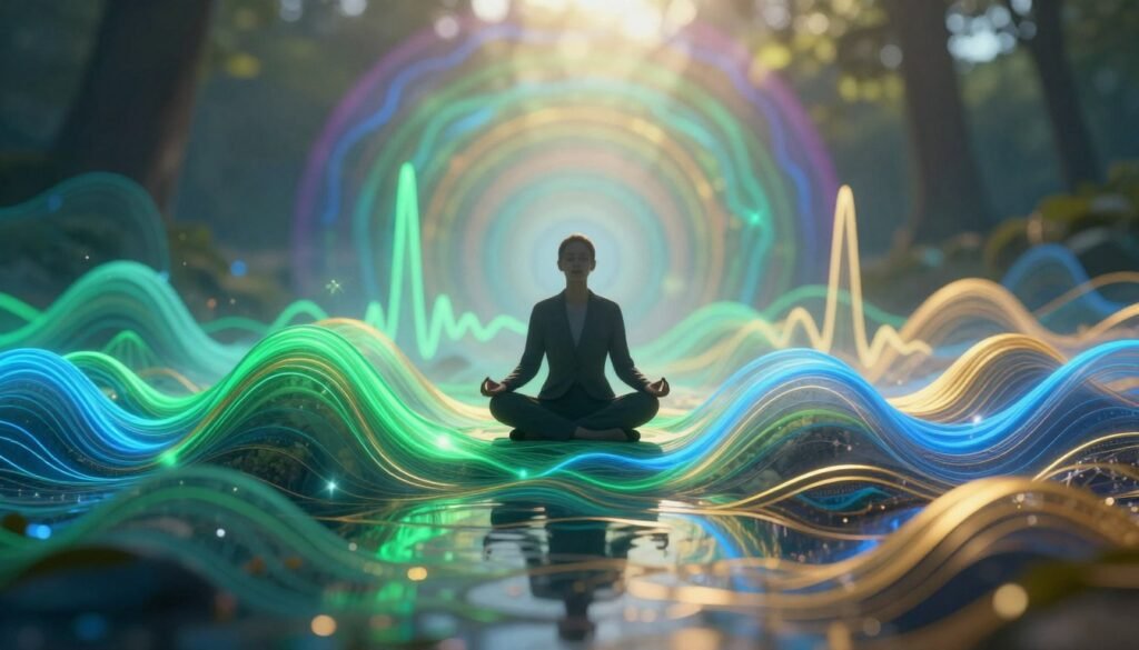 A serene, abstract landscape representing brainwave entrainment, with vibrant waves of color flowing harmoniously in the foreground. Soft, glowing lines in shades of electric blue, emerald green, and warm gold weave together, symbolizing neural connections and brain activity. In the middle ground, a silhouette of a person in professional attire sits cross-legged, eyes closed, meditating amidst the wave patterns, embodying focus and tranquility. The background features a blurred, luminous kaleidoscope of colors, enhancing the ethereal mood. Natural light filters through, casting gentle reflections, creating an atmosphere of serenity and mental clarity. The brand name "THE BRAIN SONG" subtly integrated into the waves, disconnected from any text overlays. The overall tone is uplifting and inspiring, emphasizing health, mindfulness, and brain activation.