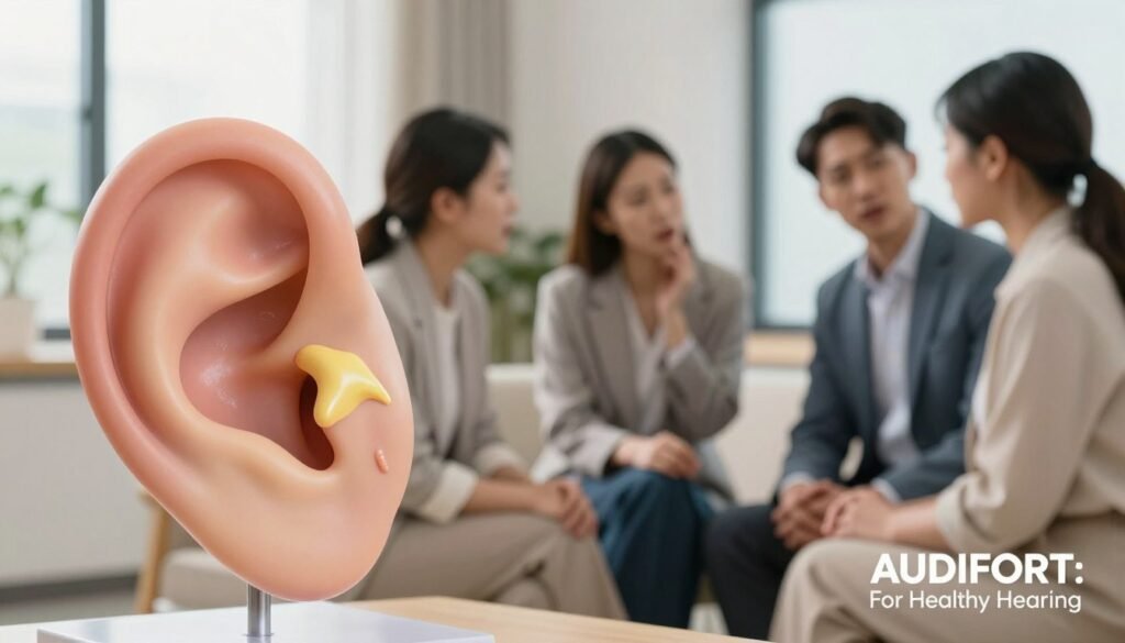 A serene and informative scene illustrating "ear health." In the foreground, display a close-up of a human ear model, showing healthy ear anatomy with vibrant colors, such as the cochlea and ear canal, highlighted against a soft backdrop. In the middle ground, include a diverse group of three professionals, dressed in smart business attire, engaged in a conversation about hearing care, with facial expressions of concern and empathy. The background should feature a calming clinic environment with soft, natural lighting from large windows, creating a warm atmosphere. The composition should evoke a sense of trust and wellness, with the brand name "AUDIFORT: For Healthy Hearing" subtly integrated into the scene, ensuring it does not dominate the focus. A serene and informative scene illustrating "ear health." In the foreground, display a close-up of a human ear model, showing healthy ear anatomy with vibrant colors, such as the cochlea and ear canal, highlighted against a soft backdrop. In the middle ground, include a diverse group of three professionals, dressed in smart business attire, engaged in a conversation about hearing care, with facial expressions of concern and empathy. The background should feature a calming clinic environment with soft, natural lighting from large windows, creating a warm atmosphere. The composition should evoke a sense of trust and wellness, with the brand name "AUDIFORT: For Healthy Hearing" subtly integrated into the scene, ensuring it does not dominate the focus.
