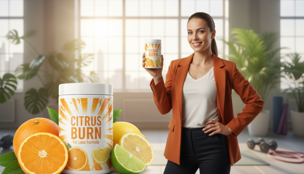 A vibrant and engaging image showcasing the "CITRUS BURN Fat Loss Formula". In the foreground, display a beautifully designed, sleek container of the product, adorned with bright citrus motifs such as oranges and lemons, emphasizing energy and vitality. Surround it with fresh citrus fruits to evoke a sense of natural ingredients and health. In the middle ground, a smiling model with white skin, elegantly dressed in a professional, stylish outfit, confidently holds the product. The background features a soft-focus wellness-themed environment, with green plants and sunlight filtering in, creating a warm and inviting atmosphere. The overall mood should convey motivation, positivity, and transformation, highlighting the promise of the Citrus Burn formula in enhancing weight loss journeys. Soft, natural lighting should enhance the freshness of the scene, making the colors pop and reinforcing a sense of well-being.