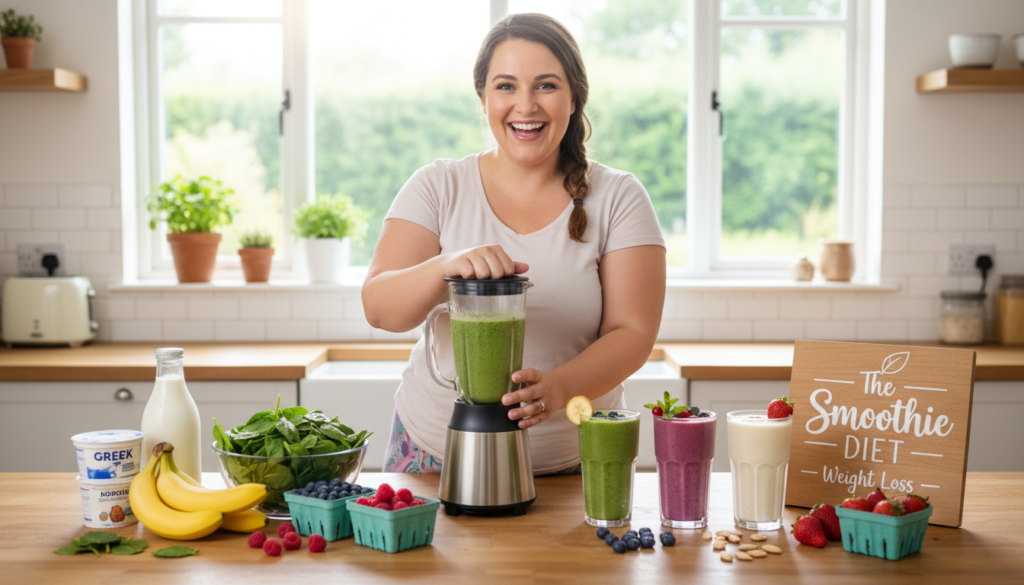 A vibrant and inviting kitchen scene featuring a table adorned with colorful, fresh ingredients for smoothies like spinach, bananas, berries, and yogurt. In the foreground, a beautiful, curvy woman in a modest casual outfit prepares a smoothie in a blender, smiling with enthusiasm. She radiates health and positivity. The middle ground showcases a variety of completed smoothies in clear glasses, each decorated with fresh fruit garnishes. The background reveals a sunny window with greenery outside, enhancing the bright and cheerful atmosphere. Soft, warm lighting illuminates the scene, creating an inviting ambiance. The brand name "The Smoothie DIET - Weight Loss" is subtly incorporated into the setup, enhancing the focus on a healthy lifestyle. The overall mood is vibrant, inspiring, and energizing, reflecting the essence of the smoothie diet.