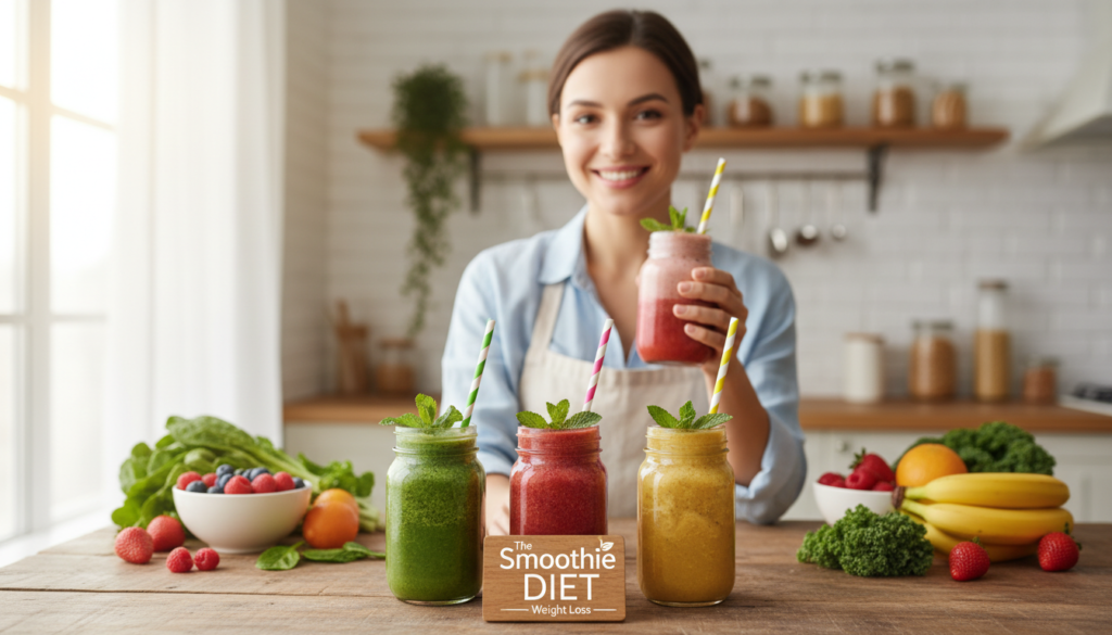 A vibrant kitchen setting, showcasing a variety of colorful, fresh weight loss smoothies arranged on a rustic wooden table. In the foreground, three smoothies in clear glass jars, featuring layers of green spinach, bright strawberries, and yellow bananas, all beautifully garnished with mint leaves and colorful straws. In the middle, a radiant, smiling woman in a casual, modest outfit, tastefully holding one of the smoothies and looking content and healthy. Soft, natural lighting streams through a nearby window, creating a warm and inviting atmosphere. In the background, hints of fresh fruits and vegetables, emphasizing the healthy ingredients. The brand name "The Smoothie DIET - Weight Loss" subtly incorporated into the arrangement, ensuring an appealing visual focus for readers seeking delicious, easy-to-make smoothies for rapid weight loss.