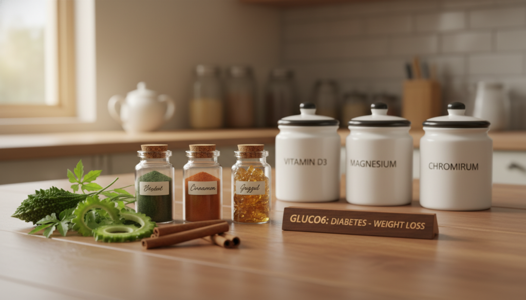 A visually appealing arrangement of Gluco6 ingredients artfully displayed on a polished wooden surface. In the foreground, vibrant green leaves and meticulous jars filled with herbal extracts like bitter melon, cinnamon, and guggul are meticulously organized. The middle layer includes clean, labeled containers showcasing essential vitamins and minerals, each one exuding a sense of professionalism. The background softly fades into a blurred, inviting kitchen setting, with warm natural light filtering in through a nearby window, creating a calm and wholesome atmosphere. The overall mood is one of health and wellness, with the brand name "Gluco6: Diabetes -Weight Loss" subtly incorporated within the design, ensuring it remains the focal point of this informative visual.